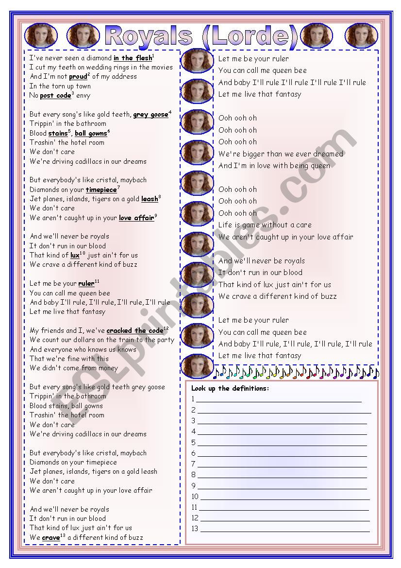 Royals (Lorde) - vocabulary tasks + teachers keys [3 pages] *editable